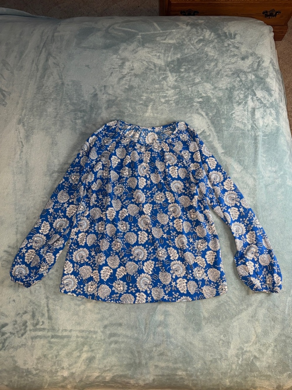 Women's Blue Floral Long-Sleeve Peasant Top